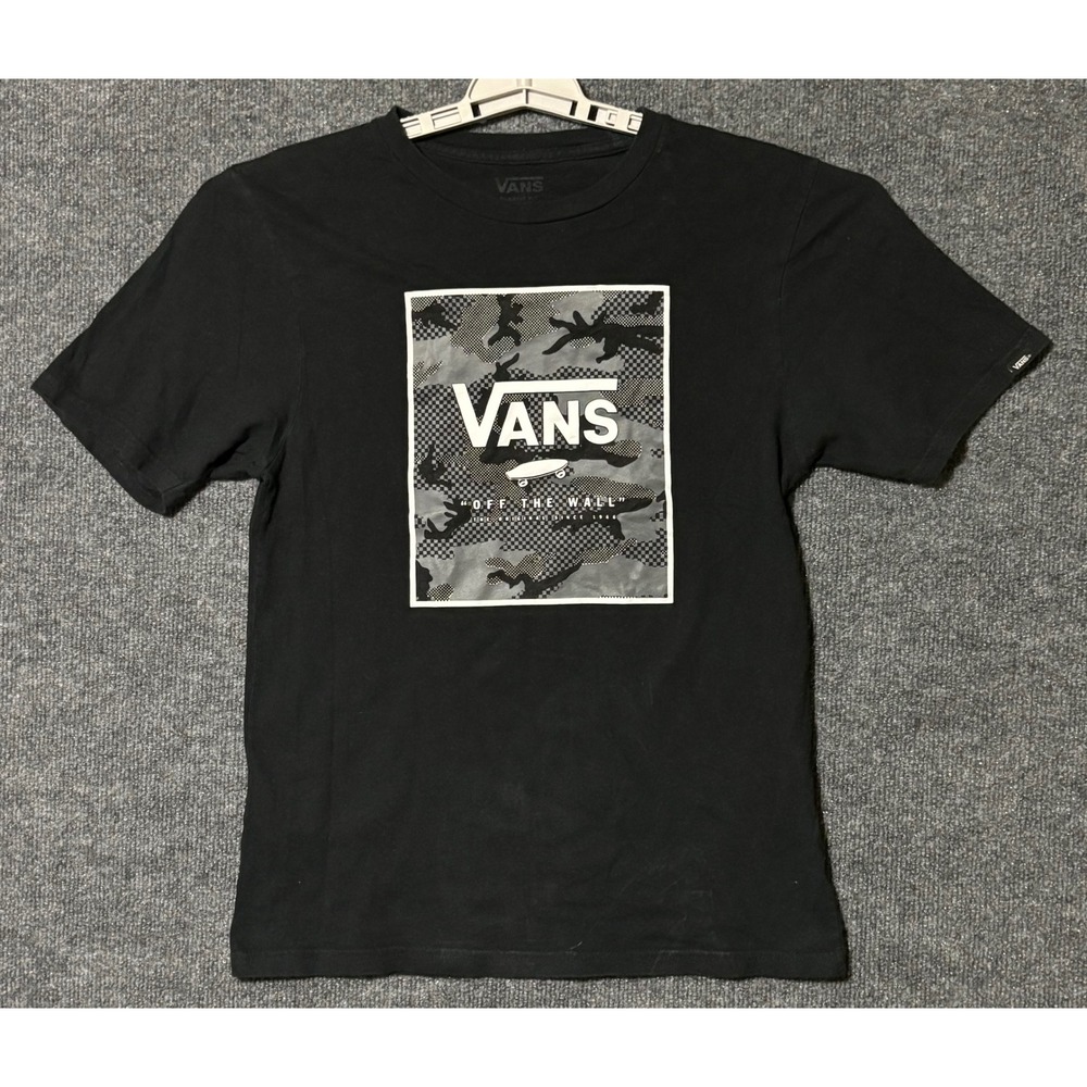 Vans Boys Black Camo Checkerboard Graphic T-Shirt Off The Wall Size L 12-14